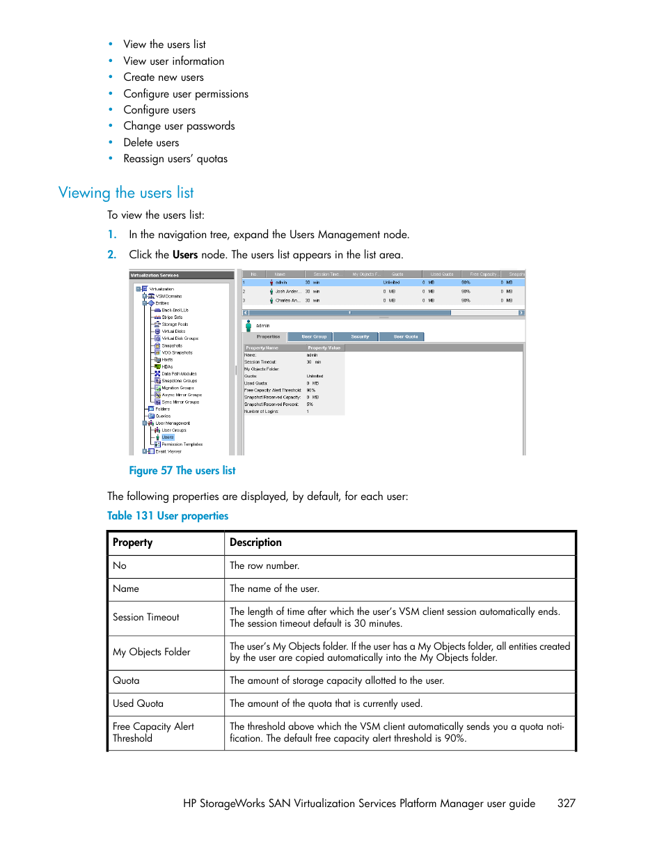 Viewing the users list, The users list, User properties | HP SAN Virtualization Services Platform User Manual | Page 327 / 382