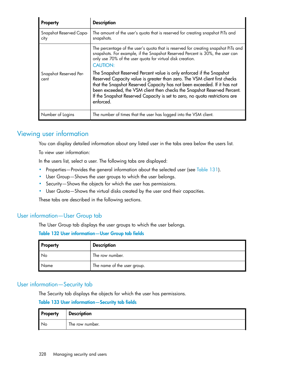 Viewing user information, User information—user group tab, User information—security tab | 328 user information—security tab, User information—user group tab fields, User information—security tab fields | HP SAN Virtualization Services Platform User Manual | Page 328 / 382