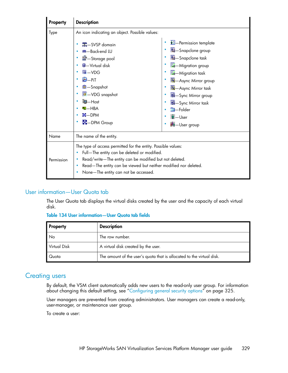 User information—user quota tab, Creating users, User information—user quota tab fields | HP SAN Virtualization Services Platform User Manual | Page 329 / 382