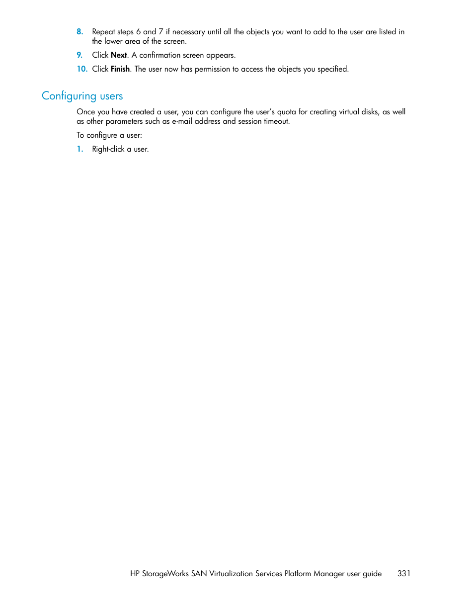 Configuring users | HP SAN Virtualization Services Platform User Manual | Page 331 / 382