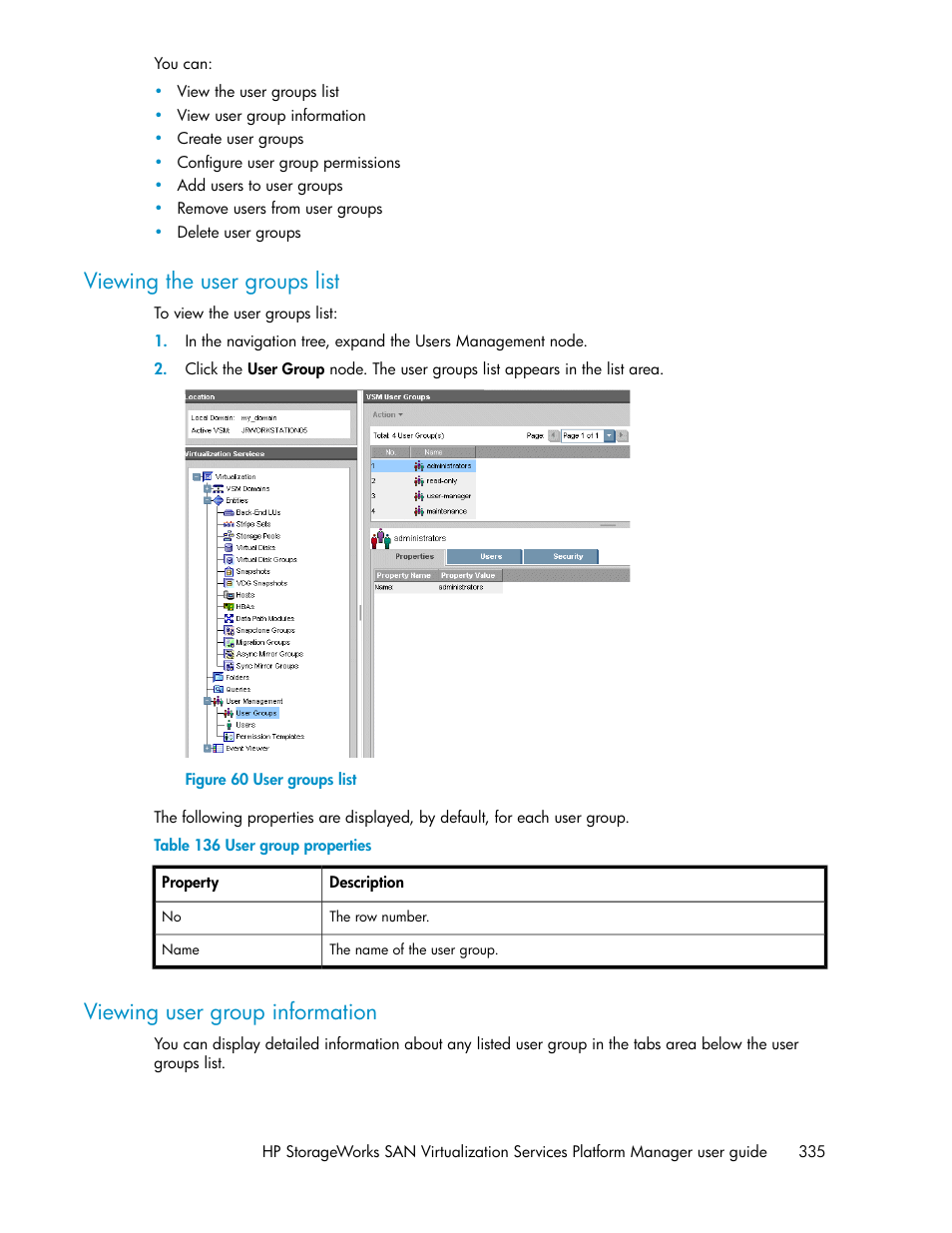 Viewing the user groups list, Viewing user group information, 335 viewing user group information | User groups list, User group properties | HP SAN Virtualization Services Platform User Manual | Page 335 / 382
