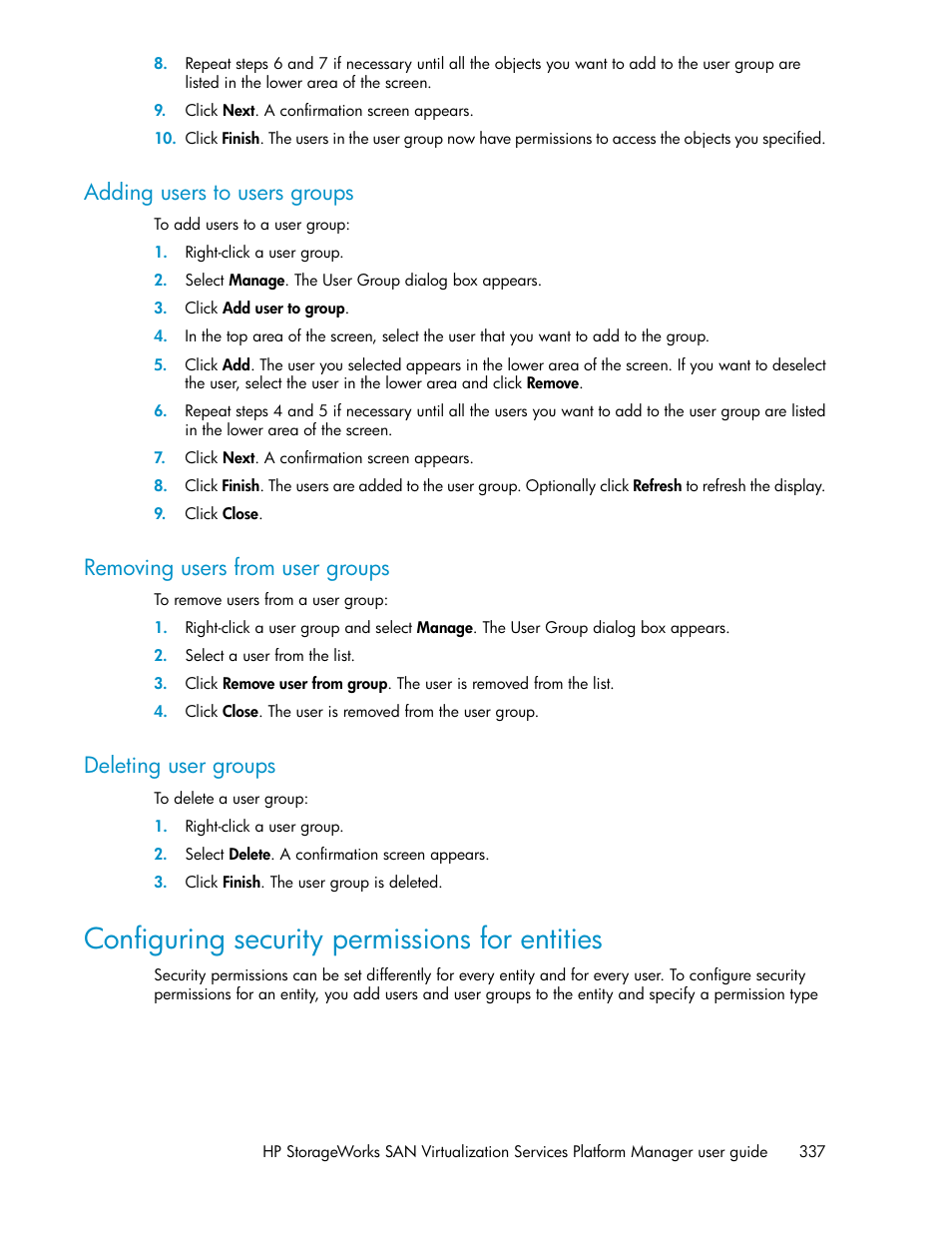 Adding users to users groups, Removing users from user groups, Deleting user groups | Configuring security permissions for entities, 337 removing users from user groups | HP SAN Virtualization Services Platform User Manual | Page 337 / 382