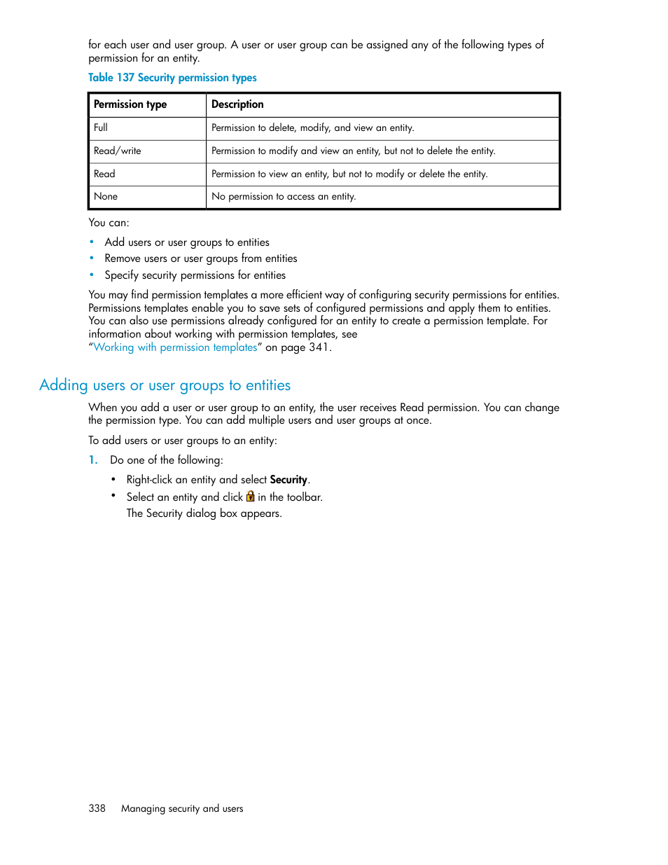 Adding users or user groups to entities, Security permission types | HP SAN Virtualization Services Platform User Manual | Page 338 / 382