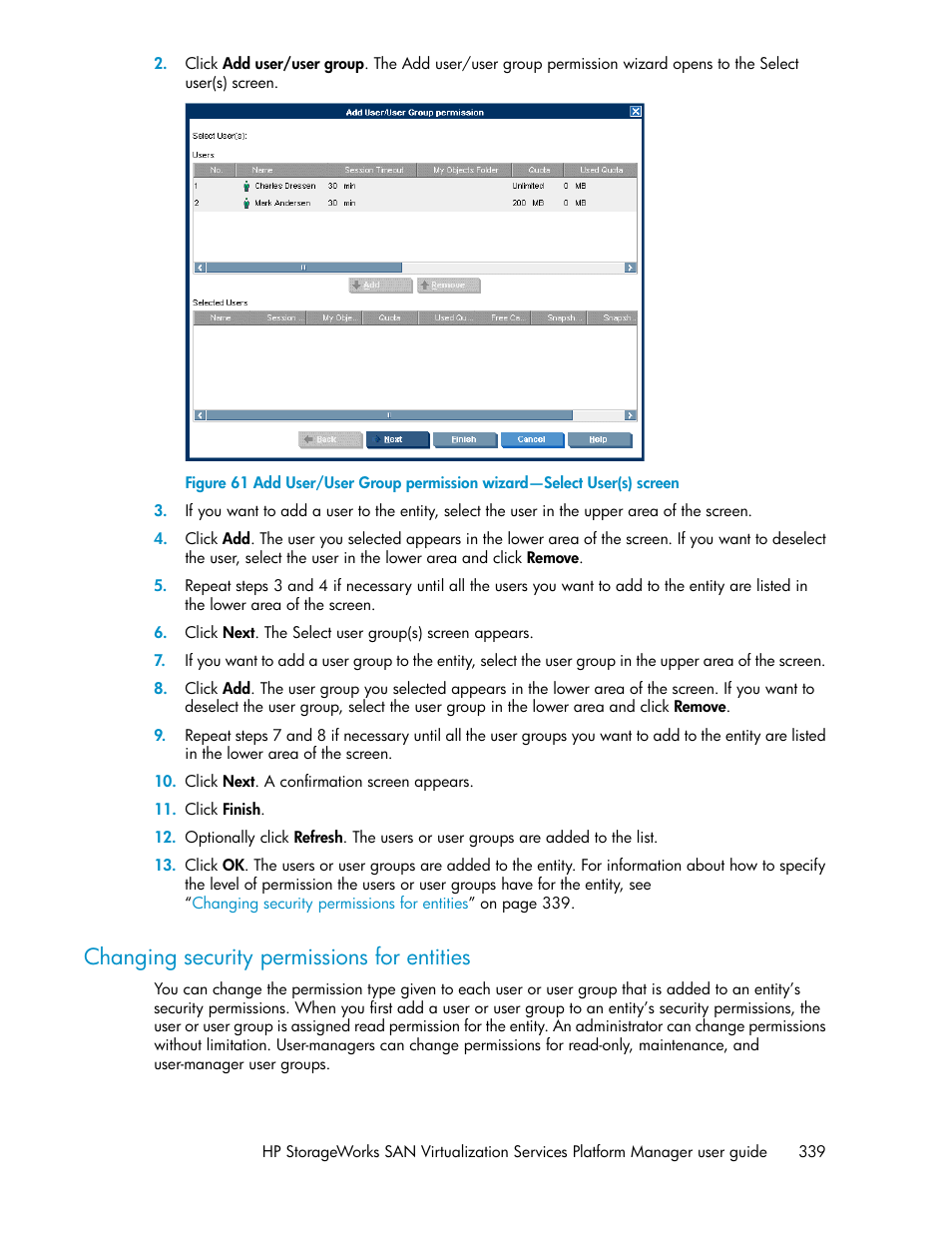 Changing security permissions for entities | HP SAN Virtualization Services Platform User Manual | Page 339 / 382