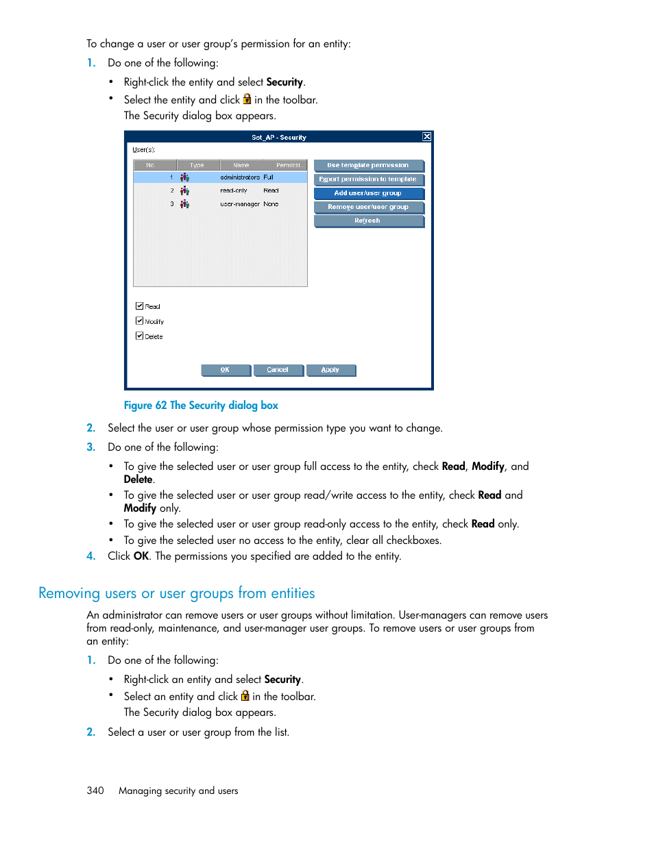 Removing users or user groups from entities, The security dialog box | HP SAN Virtualization Services Platform User Manual | Page 340 / 382