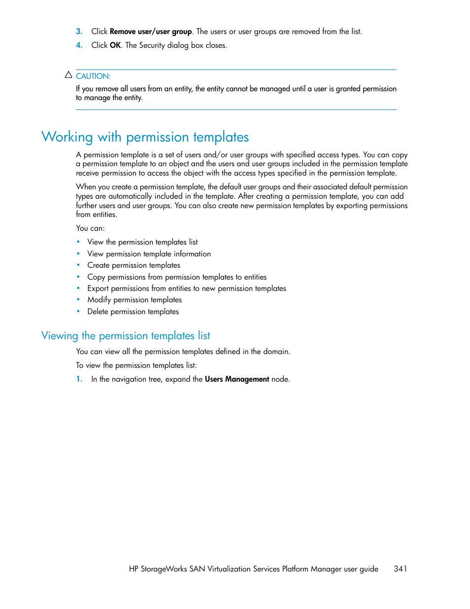 Working with permission templates, Viewing the permission templates list | HP SAN Virtualization Services Platform User Manual | Page 341 / 382