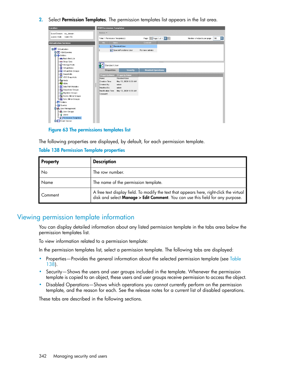 Viewing permission template information, The permissions templates list, Permission template properties | HP SAN Virtualization Services Platform User Manual | Page 342 / 382