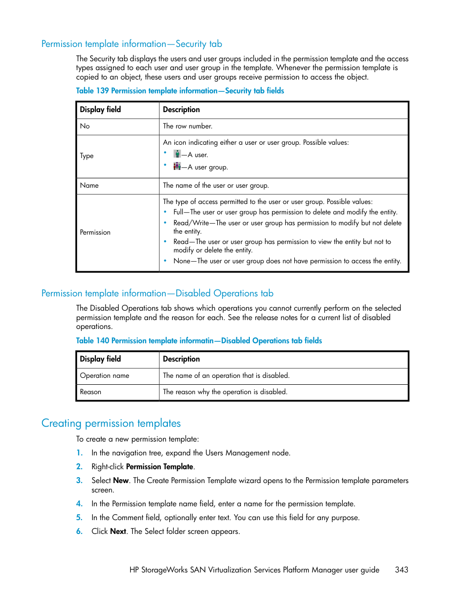 Permission template information—security tab, Creating permission templates | HP SAN Virtualization Services Platform User Manual | Page 343 / 382