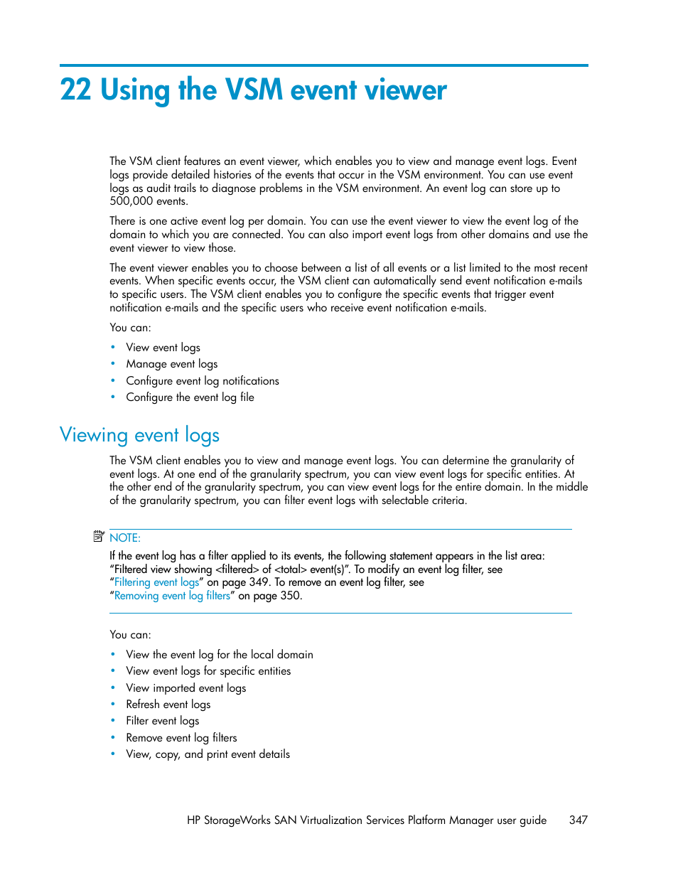 22 using the vsm event viewer, Viewing event logs | HP SAN Virtualization Services Platform User Manual | Page 347 / 382