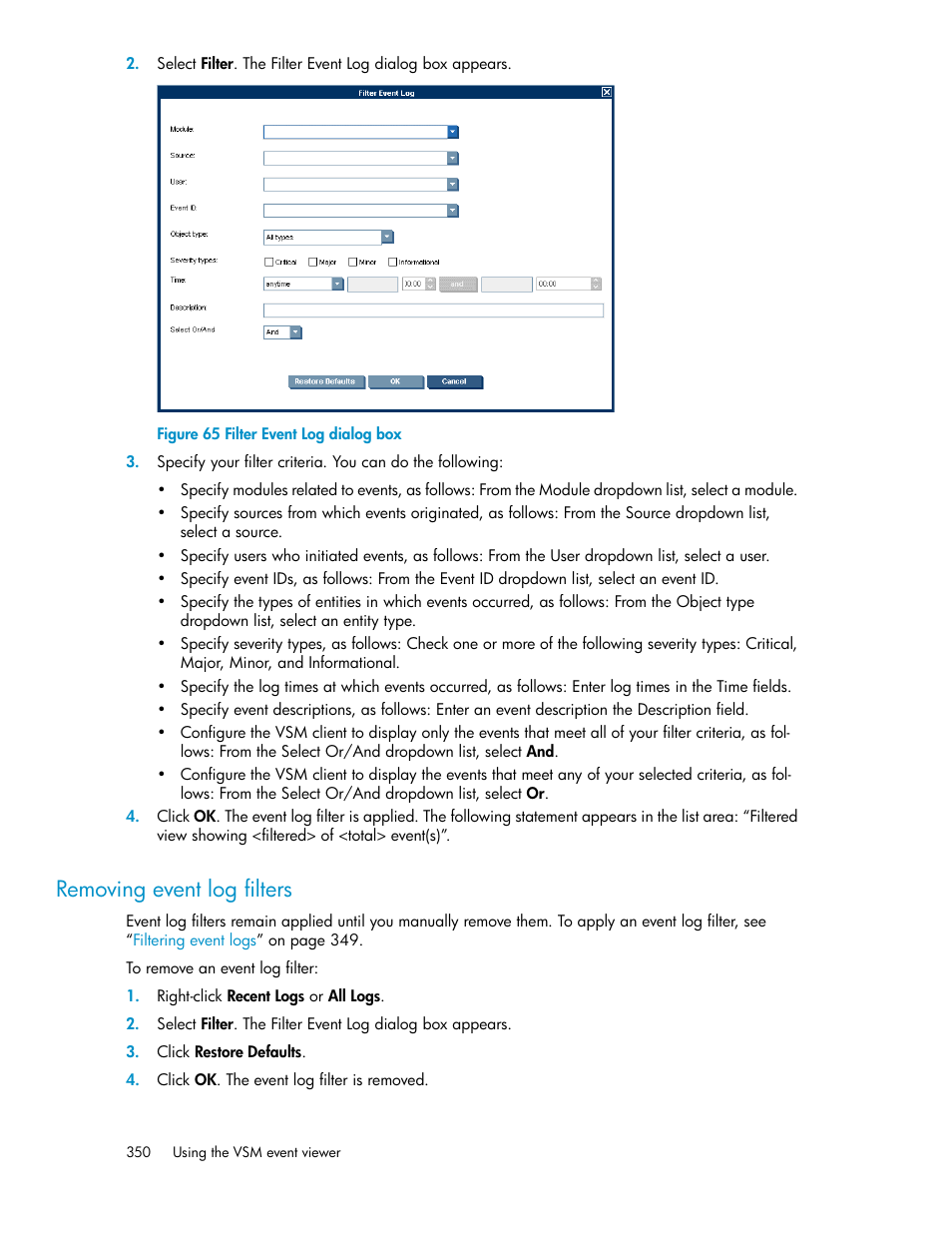 Removing event log filters, Filter event log dialog box | HP SAN Virtualization Services Platform User Manual | Page 350 / 382