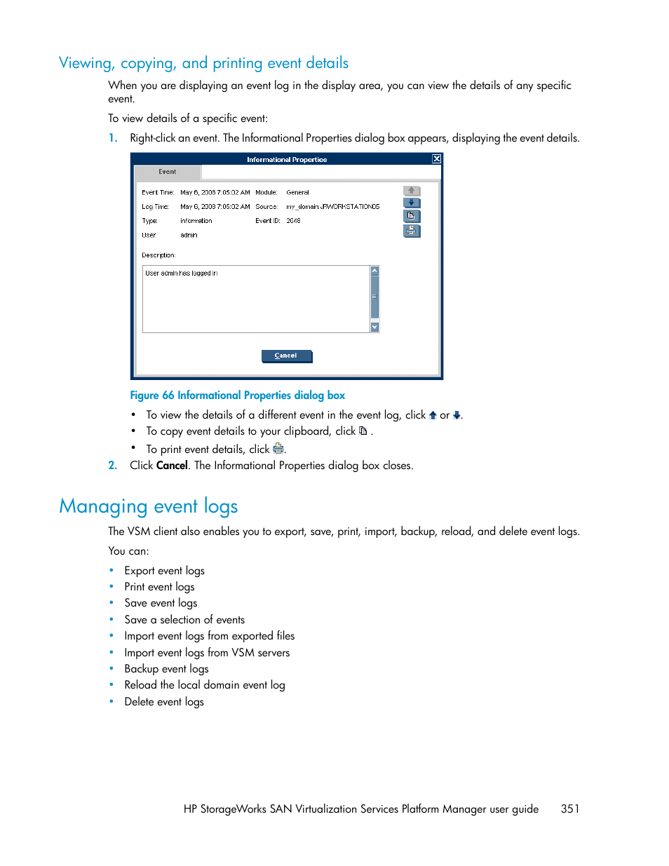 Viewing, copying, and printing event details, Managing event logs, Informational properties dialog box | HP SAN Virtualization Services Platform User Manual | Page 351 / 382