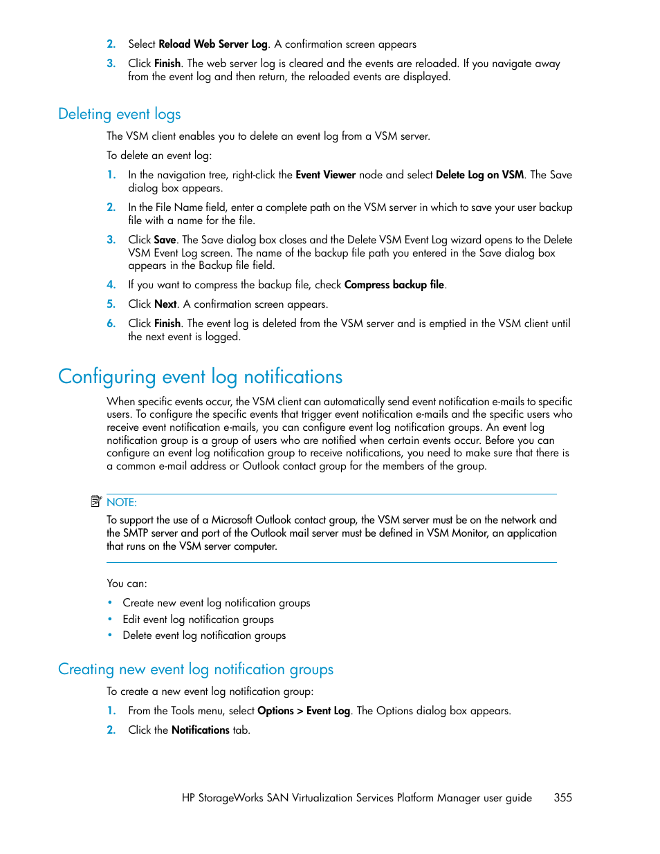 Deleting event logs, Configuring event log notifications, Creating new event log notification groups | Configuring event log, Notifications, Figuring event log notifications | HP SAN Virtualization Services Platform User Manual | Page 355 / 382