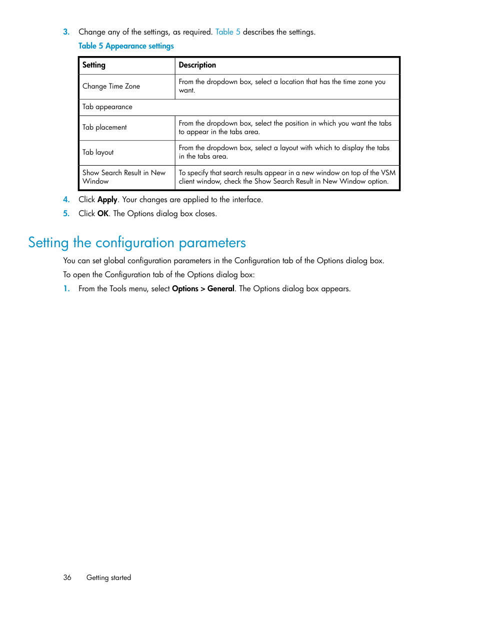 Setting the configuration parameters, Appearance settings | HP SAN Virtualization Services Platform User Manual | Page 36 / 382