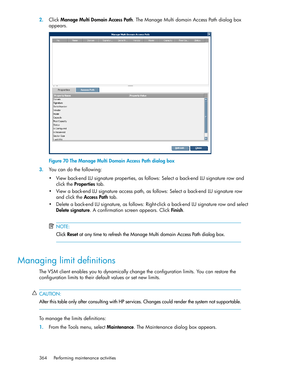 Managing limit definitions, The manage multi domain access path dialog box | HP SAN Virtualization Services Platform User Manual | Page 364 / 382