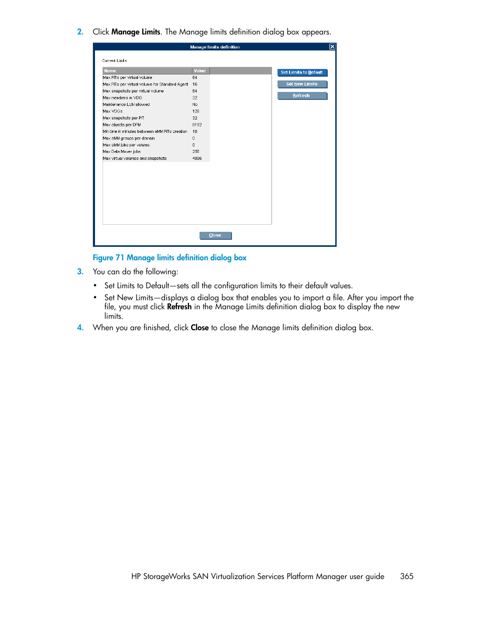 Manage limits definition dialog box | HP SAN Virtualization Services Platform User Manual | Page 365 / 382