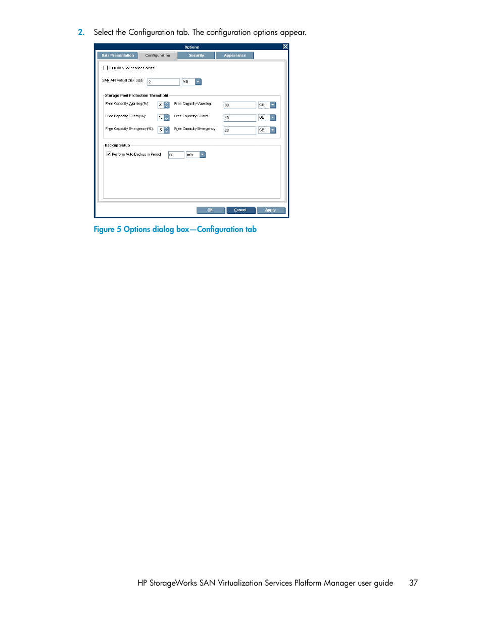 Options dialog box—configuration tab | HP SAN Virtualization Services Platform User Manual | Page 37 / 382