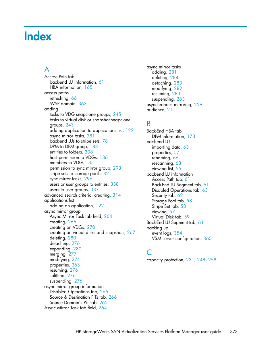 Index | HP SAN Virtualization Services Platform User Manual | Page 373 / 382