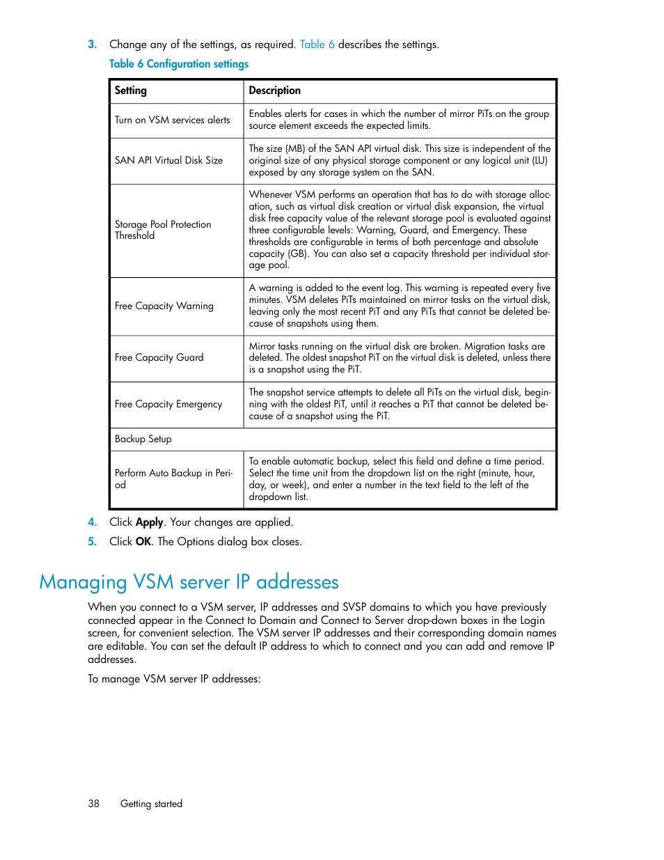 Managing vsm server ip addresses, Configuration settings | HP SAN Virtualization Services Platform User Manual | Page 38 / 382