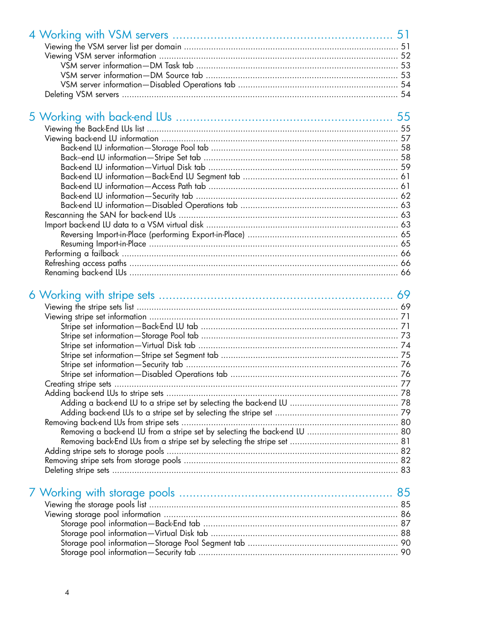4 working with vsm servers, 5 working with back-end lus, 6 working with stripe sets | 7 working with storage pools | HP SAN Virtualization Services Platform User Manual | Page 4 / 382
