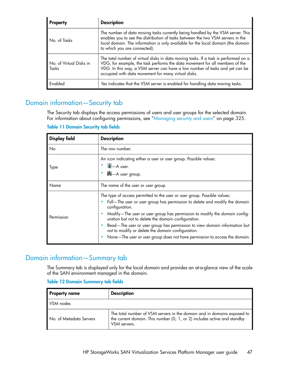 Domain information—security tab, Domain information—summary tab, 47 domain information—summary tab | Domain security tab fields, Domain summary tab fields | HP SAN Virtualization Services Platform User Manual | Page 47 / 382