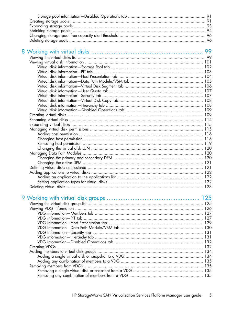 8 working with virtual disks, 9 working with virtual disk groups | HP SAN Virtualization Services Platform User Manual | Page 5 / 382