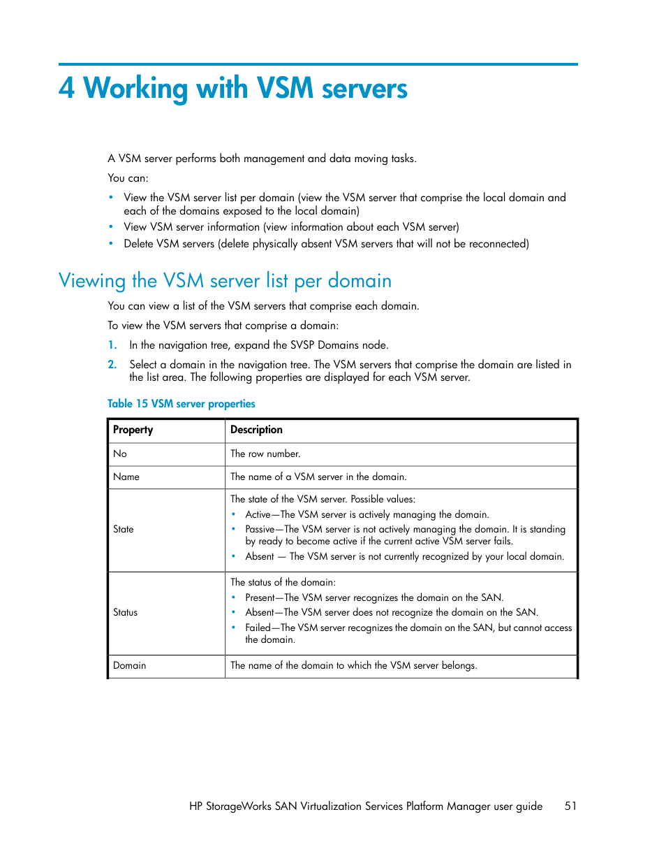 4 working with vsm servers, Viewing the vsm server list per domain, Vsm server properties | HP SAN Virtualization Services Platform User Manual | Page 51 / 382