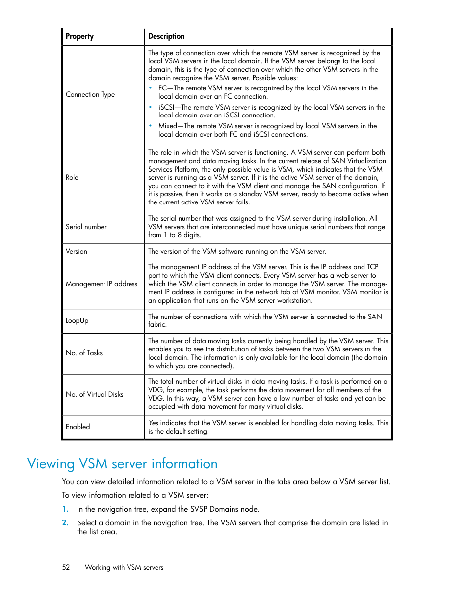 Viewing vsm server information | HP SAN Virtualization Services Platform User Manual | Page 52 / 382