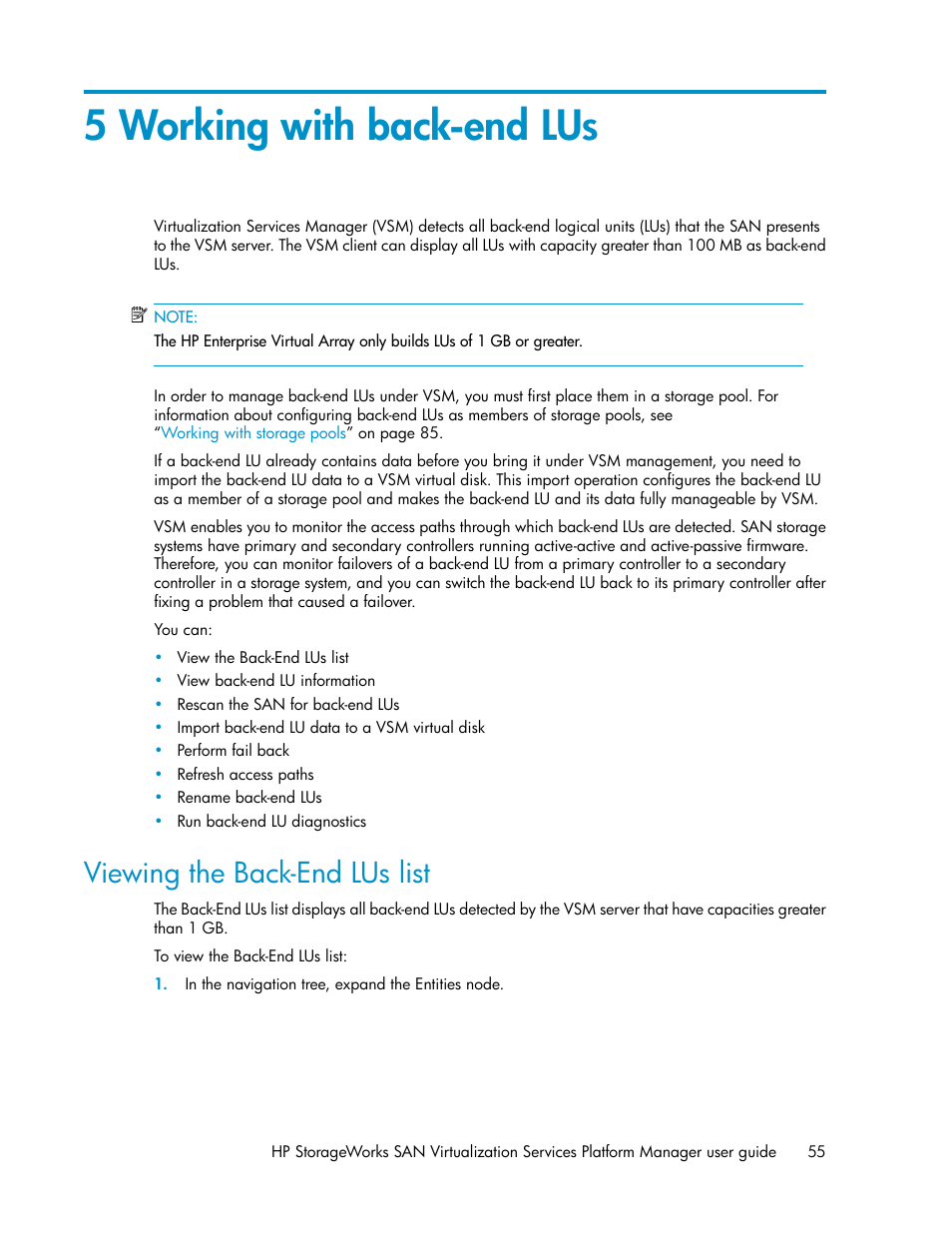 5 working with back-end lus, Viewing the back-end lus list | HP SAN Virtualization Services Platform User Manual | Page 55 / 382