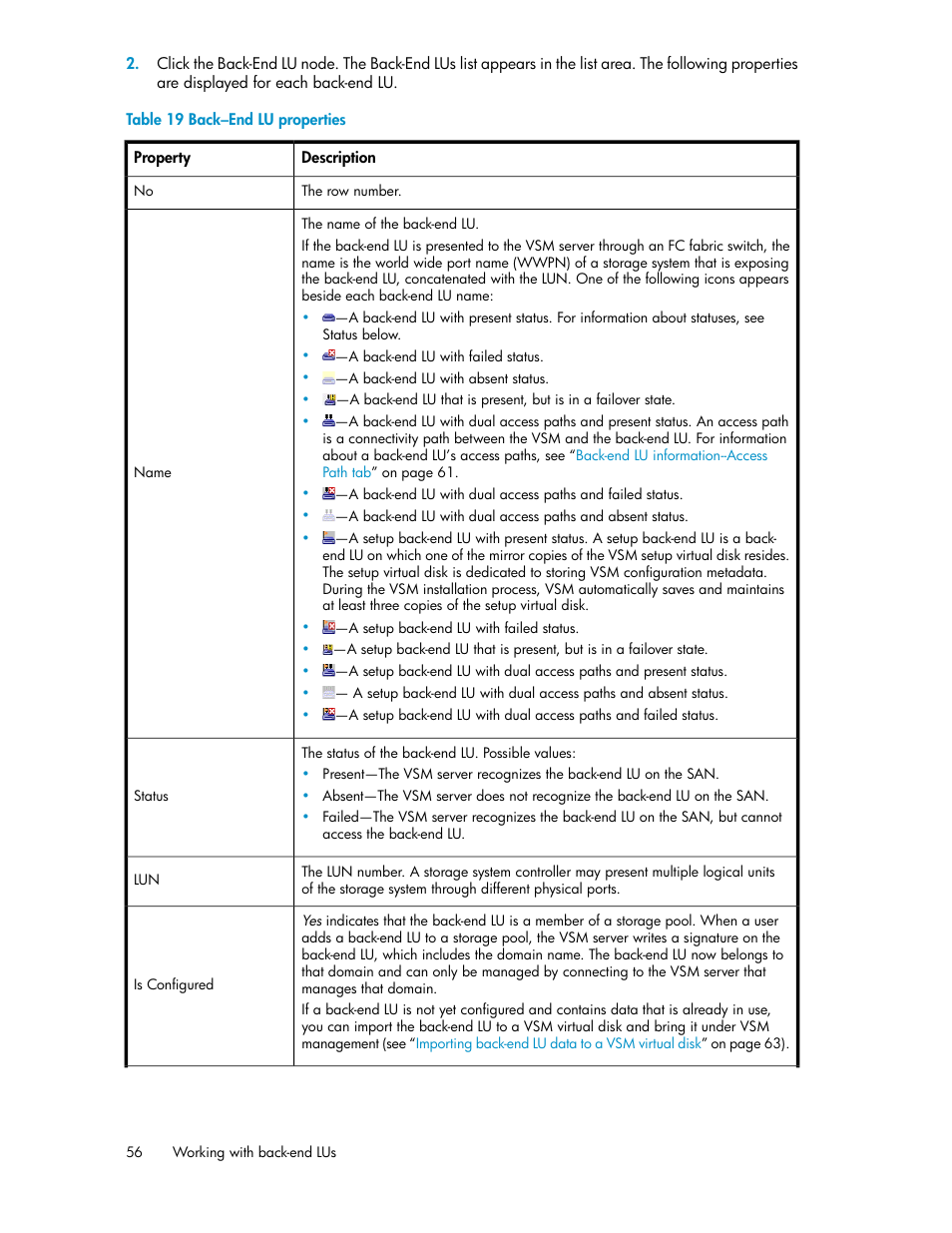 Back–end lu properties | HP SAN Virtualization Services Platform User Manual | Page 56 / 382