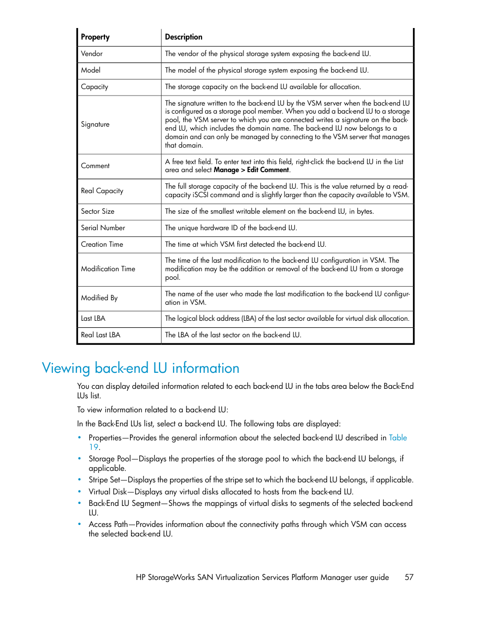 Viewing back-end lu information | HP SAN Virtualization Services Platform User Manual | Page 57 / 382