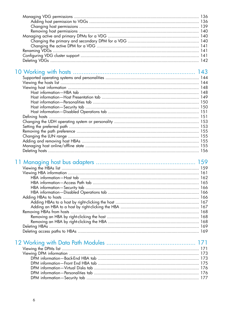 10 working with hosts, 11 managing host bus adapters, 12 working with data path modules | HP SAN Virtualization Services Platform User Manual | Page 6 / 382