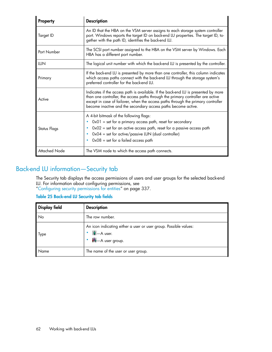 Back-end lu information—security tab, Back-end lu security tab fields | HP SAN Virtualization Services Platform User Manual | Page 62 / 382