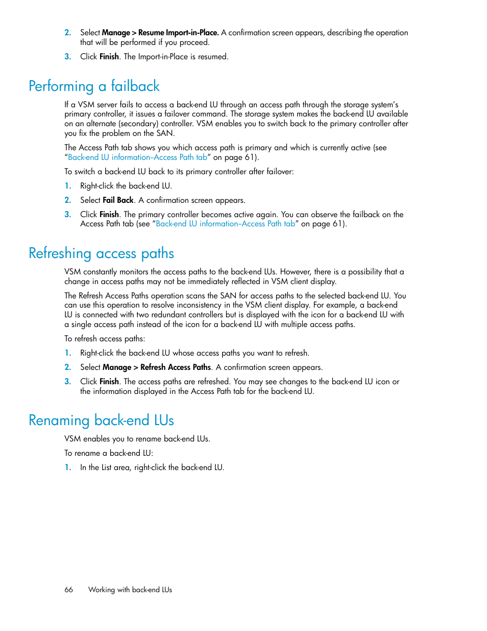 Performing a failback, Refreshing access paths, Renaming back-end lus | 66 refreshing access paths, 66 renaming back-end lus | HP SAN Virtualization Services Platform User Manual | Page 66 / 382