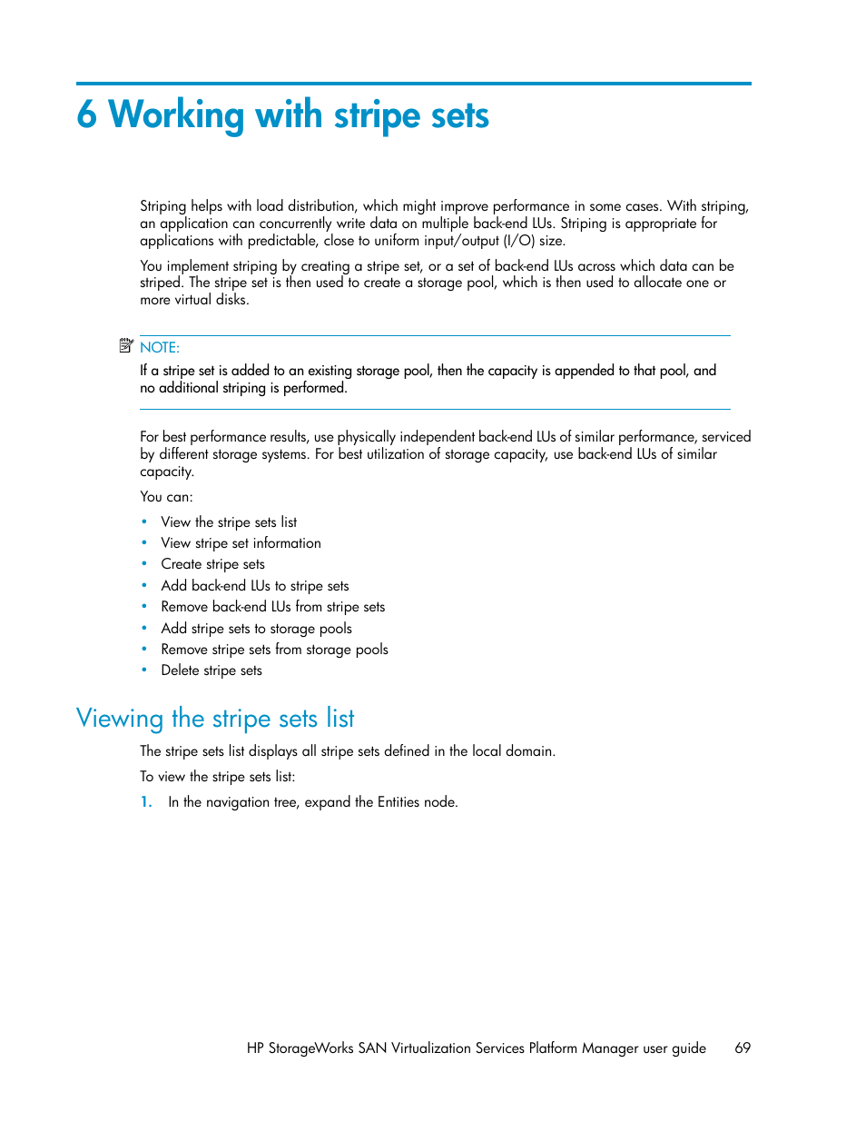 6 working with stripe sets, Viewing the stripe sets list | HP SAN Virtualization Services Platform User Manual | Page 69 / 382