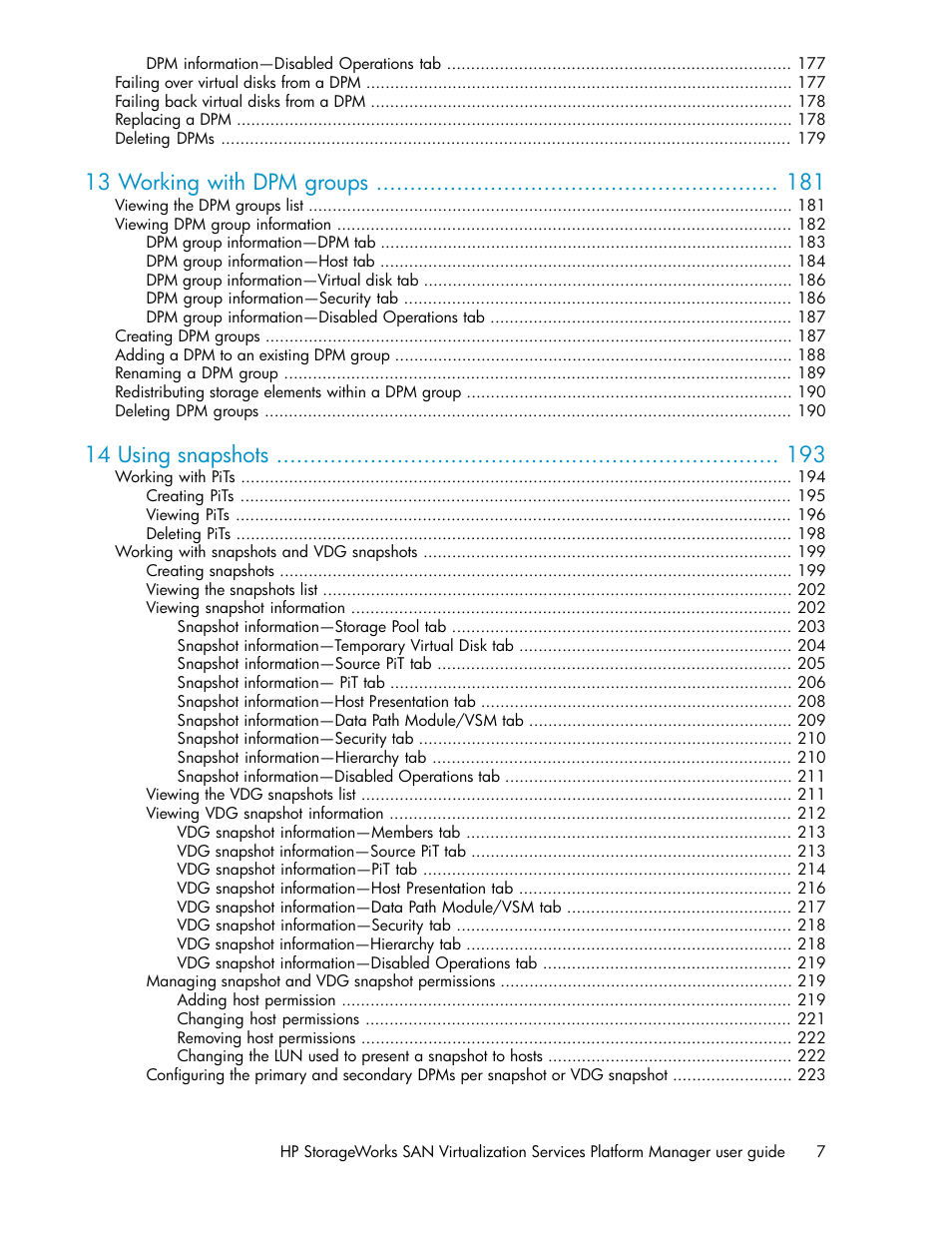 13 working with dpm groups, 14 using snapshots | HP SAN Virtualization Services Platform User Manual | Page 7 / 382