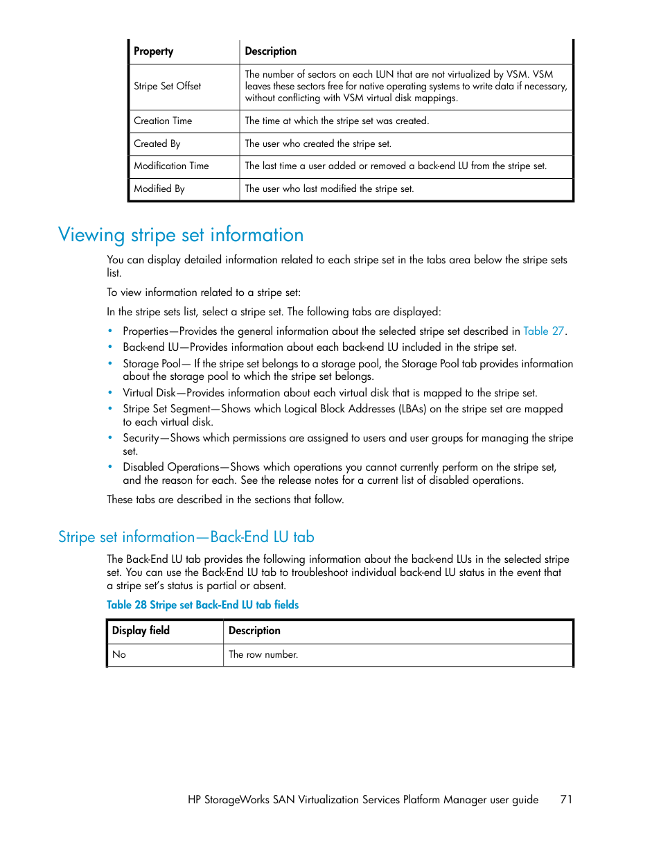Viewing stripe set information, Stripe set information—back-end lu tab, Stripe set back-end lu tab fields | HP SAN Virtualization Services Platform User Manual | Page 71 / 382
