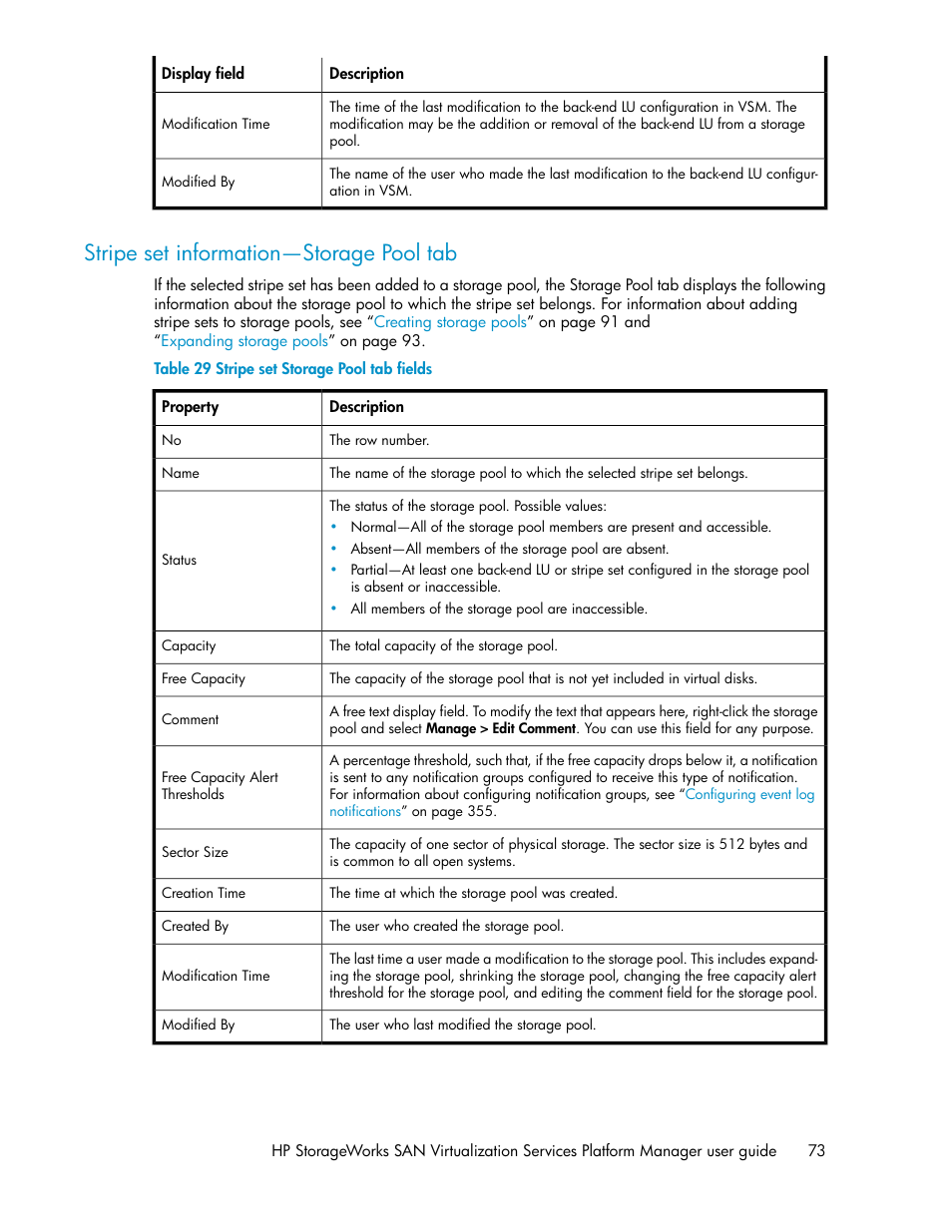 Stripe set information—storage pool tab, Stripe set storage pool tab fields | HP SAN Virtualization Services Platform User Manual | Page 73 / 382