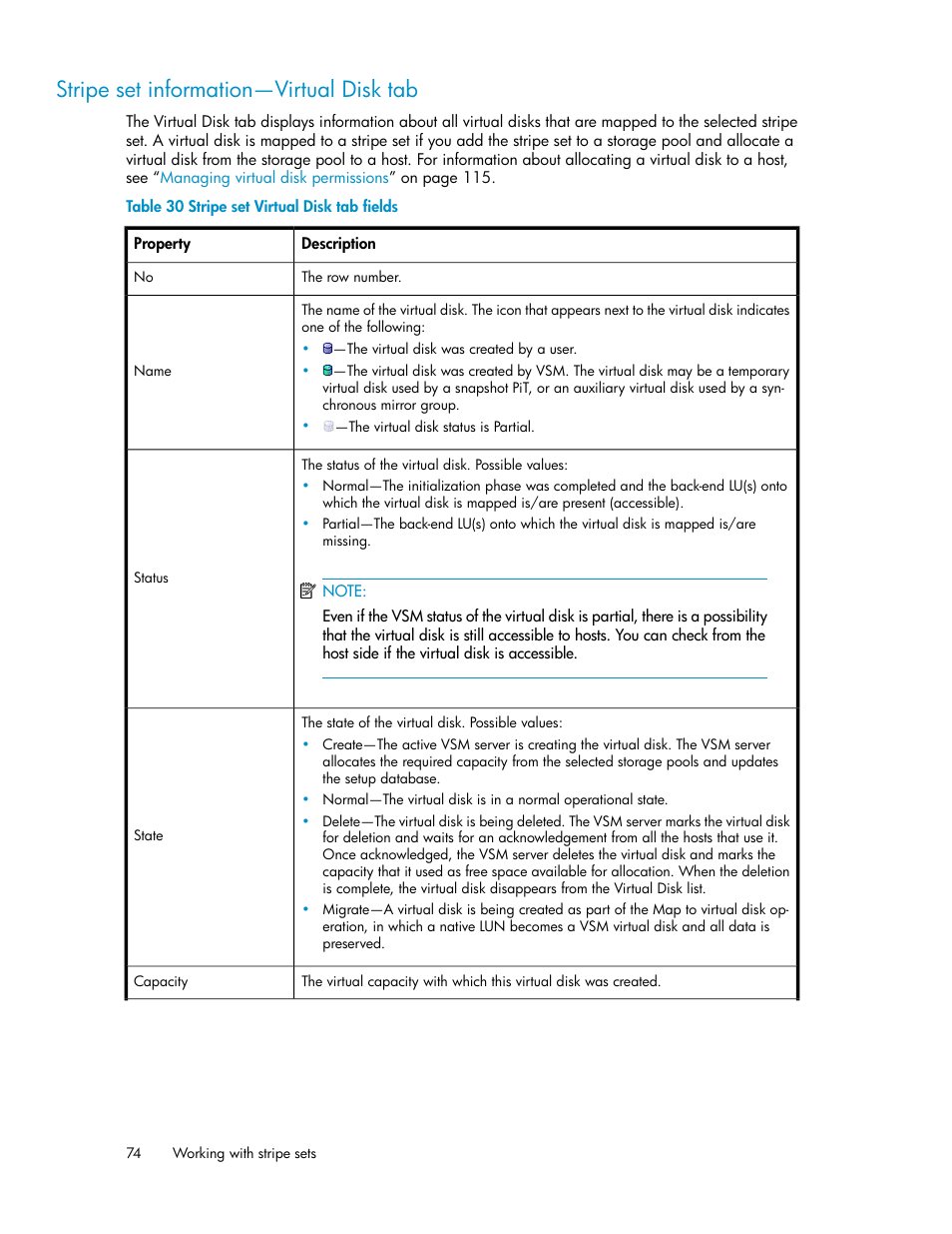 Stripe set information—virtual disk tab, Stripe set virtual disk tab fields | HP SAN Virtualization Services Platform User Manual | Page 74 / 382