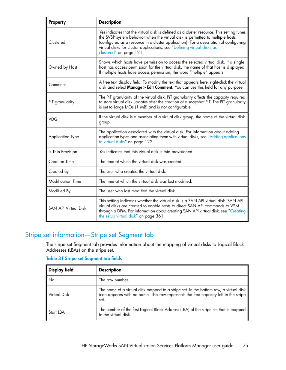 Stripe set information—stripe set segment tab, Stripe set segment tab fields | HP SAN Virtualization Services Platform User Manual | Page 75 / 382