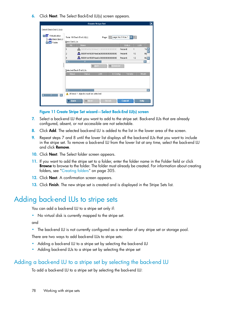 Adding back-end lus to stripe sets | HP SAN Virtualization Services Platform User Manual | Page 78 / 382