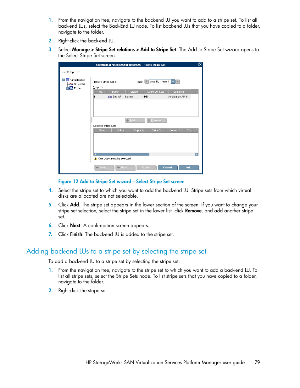 Add to stripe set wizard—select stripe set screen | HP SAN Virtualization Services Platform User Manual | Page 79 / 382