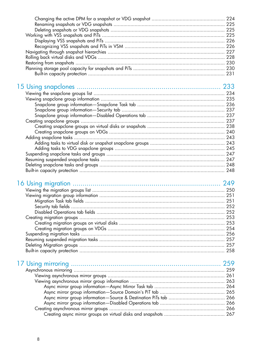 15 using snapclones, 16 using migration, 17 using mirroring | HP SAN Virtualization Services Platform User Manual | Page 8 / 382