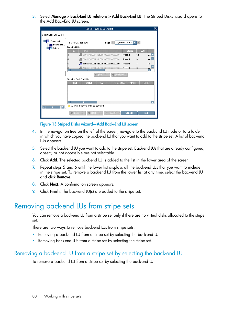 Removing back-end lus from stripe sets, Striped disks wizard—add back-end lu screen | HP SAN Virtualization Services Platform User Manual | Page 80 / 382