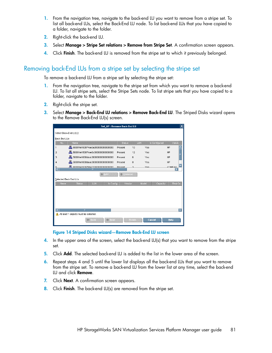 Striped disks wizard—remove back-end lu screen | HP SAN Virtualization Services Platform User Manual | Page 81 / 382