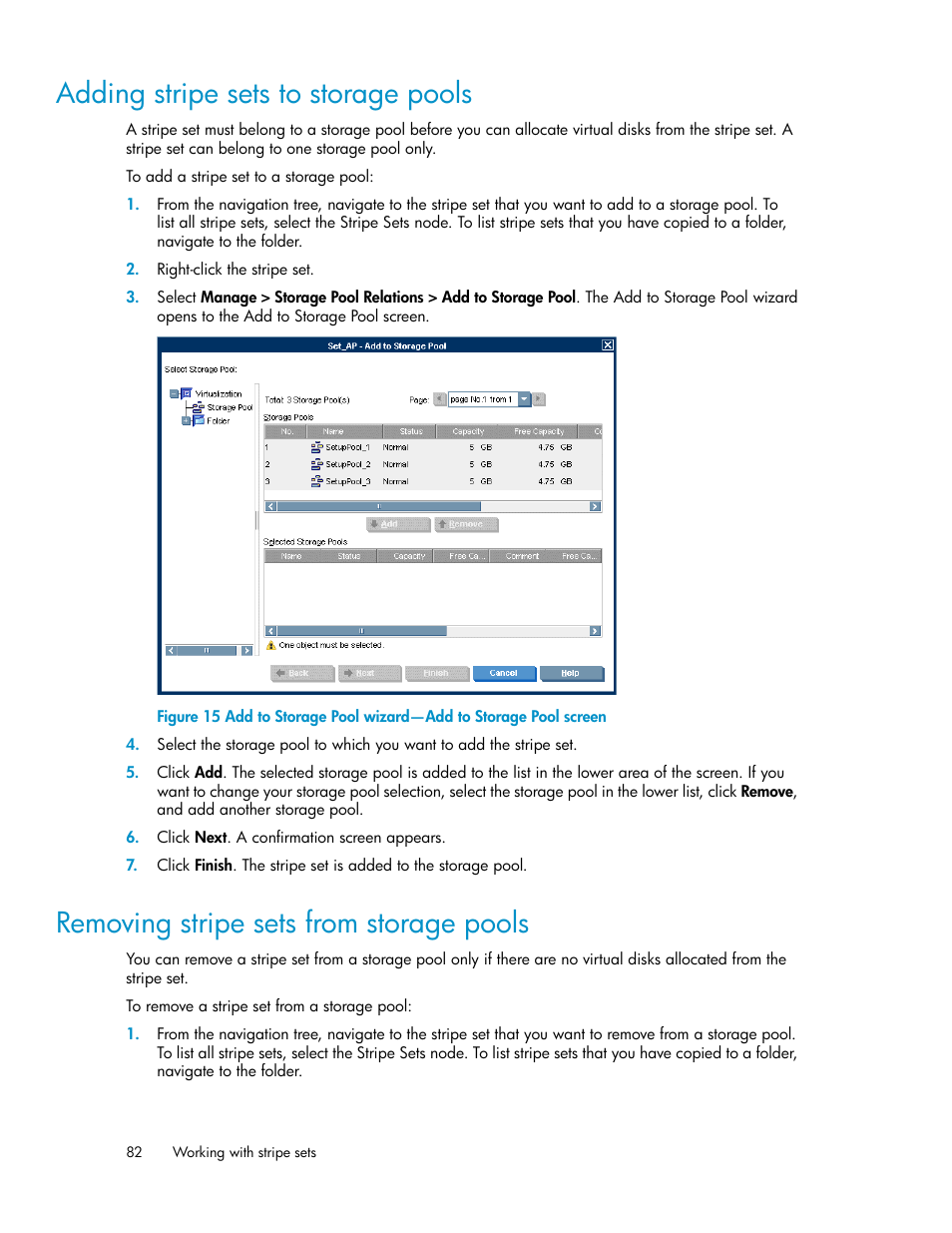 Adding stripe sets to storage pools, Removing stripe sets from storage pools, 82 removing stripe sets from storage pools | HP SAN Virtualization Services Platform User Manual | Page 82 / 382