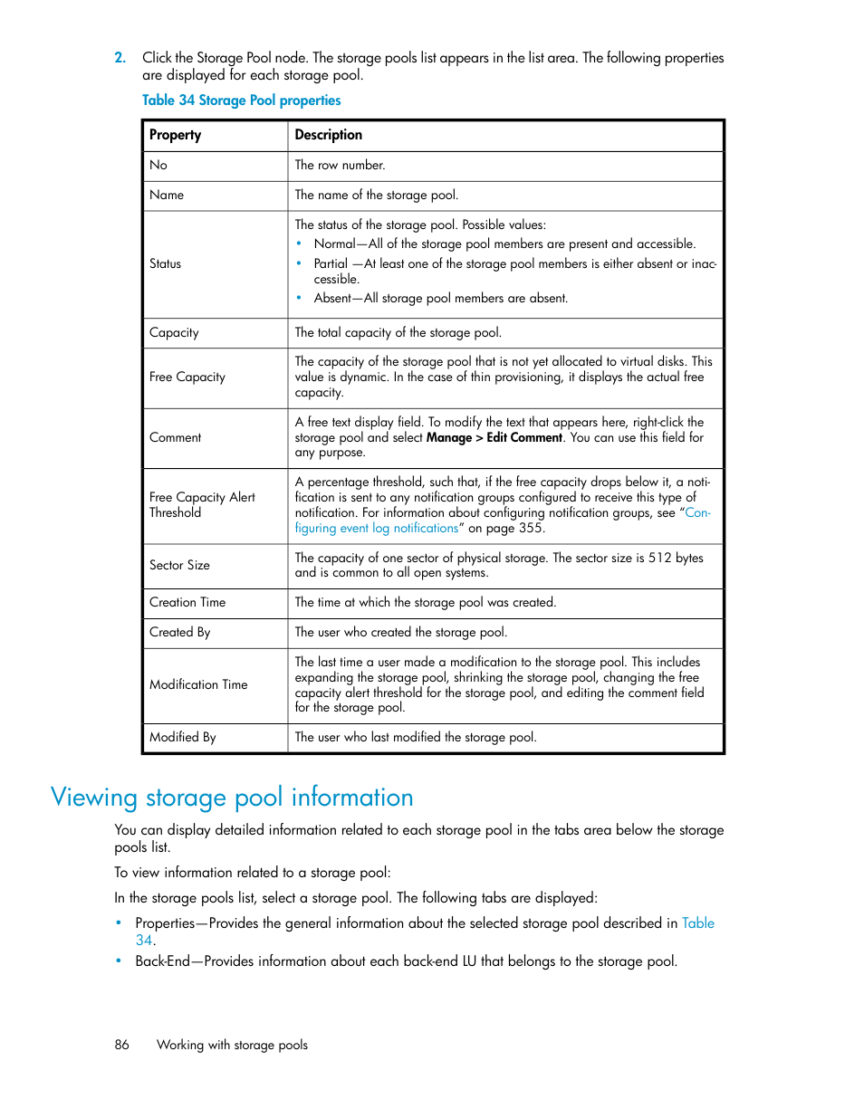 Viewing storage pool information, Storage pool properties | HP SAN Virtualization Services Platform User Manual | Page 86 / 382