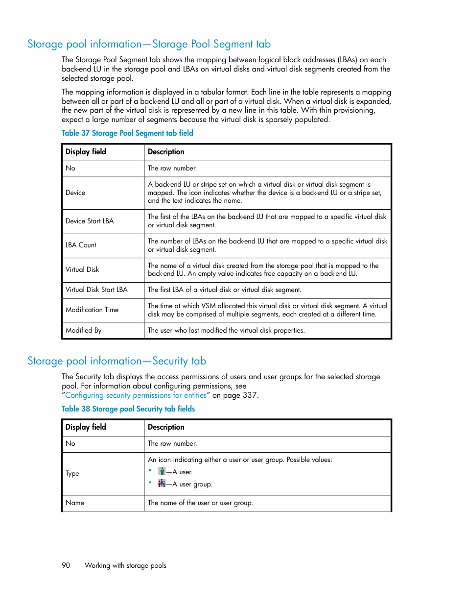 Storage pool information—storage pool segment tab, Storage pool information—security tab, 90 storage pool information—security tab | Storage pool segment tab field, Storage pool security tab fields | HP SAN Virtualization Services Platform User Manual | Page 90 / 382