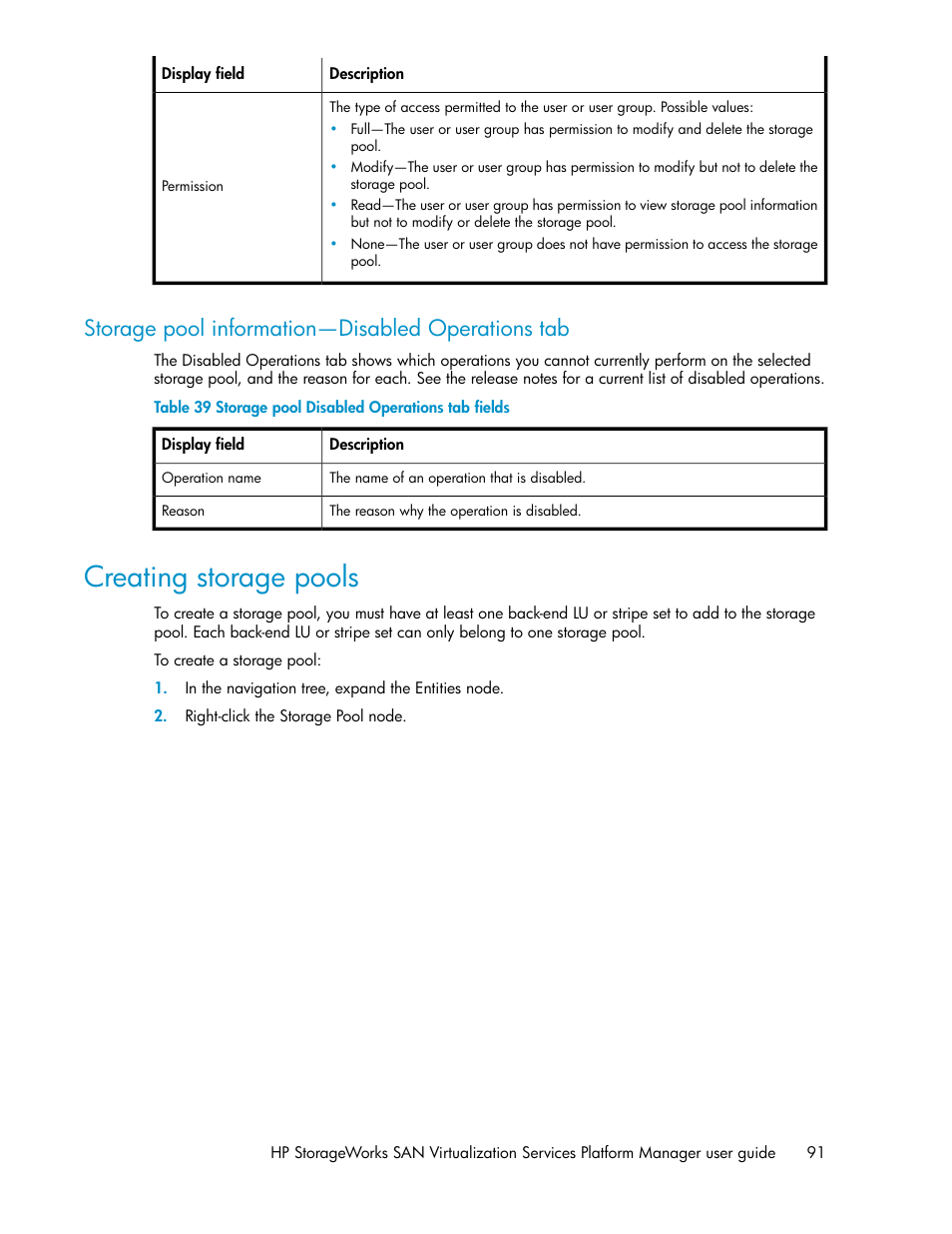 Storage pool information—disabled operations tab, Creating storage pools, Storage pool disabled operations tab fields | HP SAN Virtualization Services Platform User Manual | Page 91 / 382