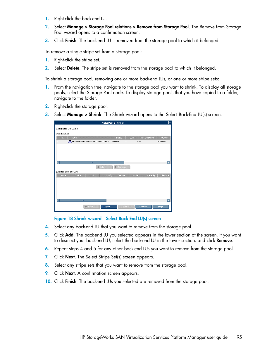 Shrink wizard—select back-end lu(s) screen | HP SAN Virtualization Services Platform User Manual | Page 95 / 382