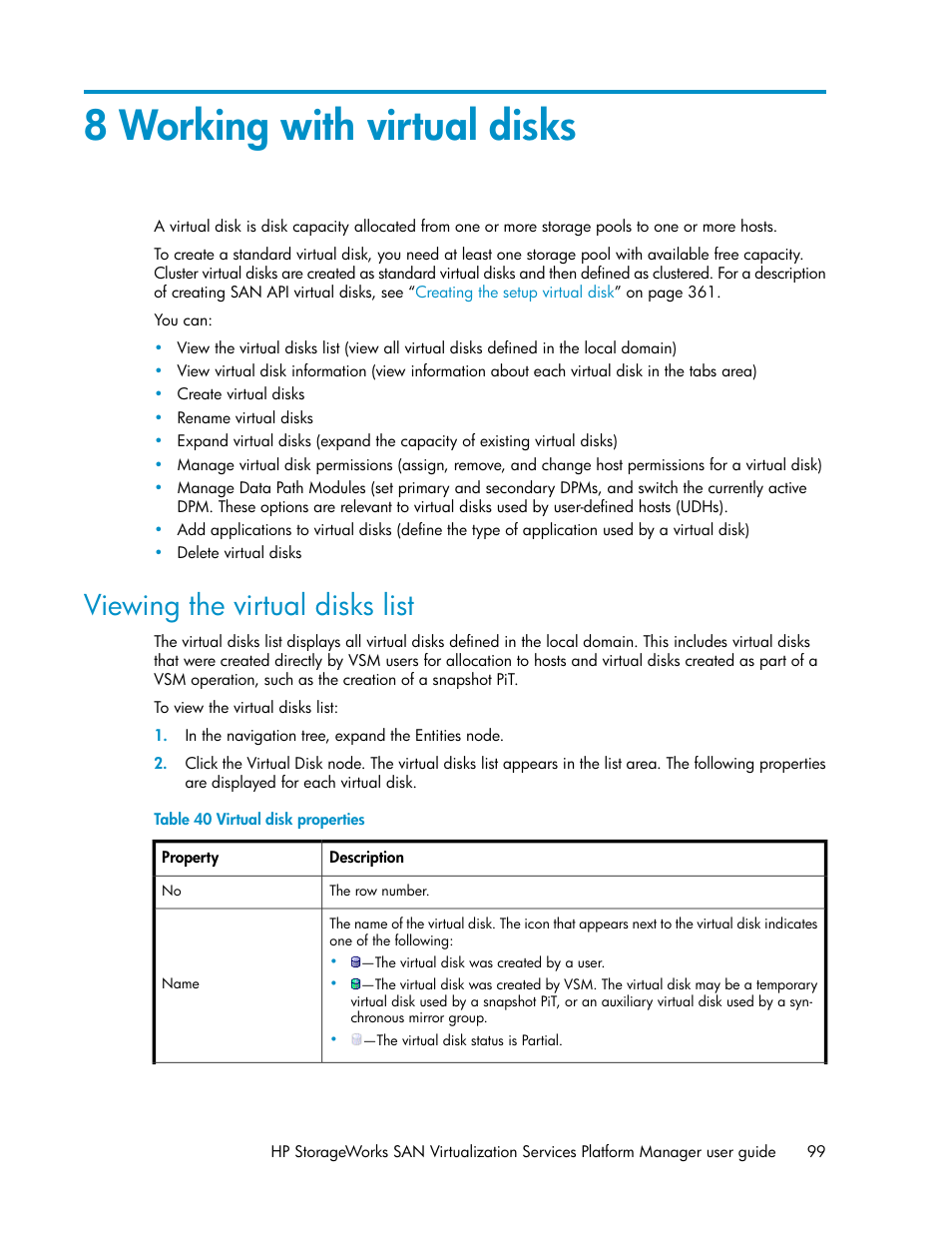 8 working with virtual disks, Viewing the virtual disks list, Virtual disk properties | HP SAN Virtualization Services Platform User Manual | Page 99 / 382